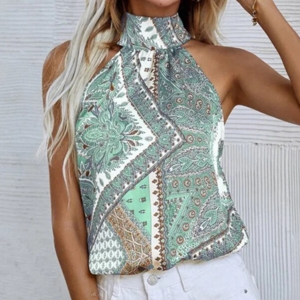 Boho Paisley Floral Print Satin Halter Tank Top - Picture 5 of 15